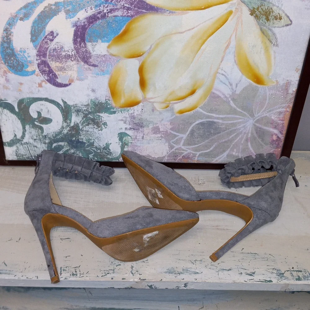Charlotte Russe Gray, Pointed Toe, Ruffle Strap, Zip Back Heels - Picture 9 of 15